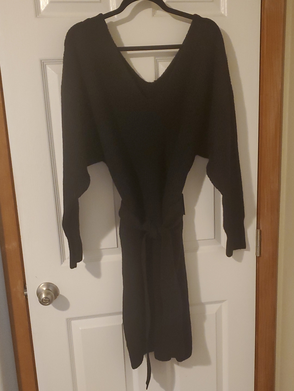 Express Black V-Neck Long Sleeve Belted Sweater Dress